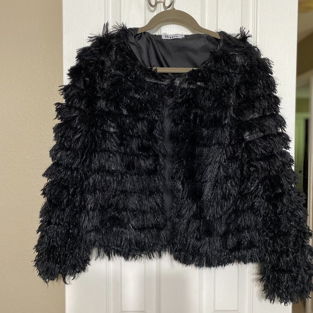 Hippie Open front faux fur vintage parka shaggy jacket in size large color black